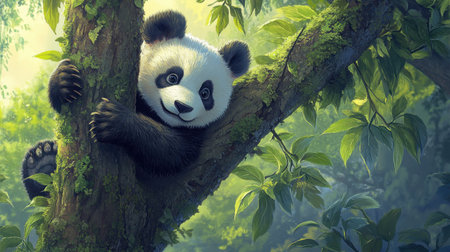 A charming young panda is depicted playfully climbing a moss-covered tree, surrounded by vibrant green foliage, showcasing the beauty of wildlife in a serene forest setting.の素材