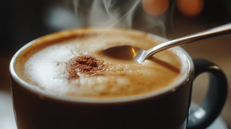 A steaming cup of aromatic coffee captured in close-up, featuring a sprinkle of cinnamon on top, evoking a warm and inviting atmosphere ideal for relaxation.の素材