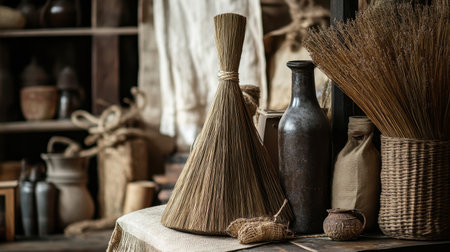 This captivating image showcases a rustic broom and earthenware display in a vintage workshop, emphasizing natural textures and artisanal craftsmanship. Perfect for evoking nostalgia.の素材