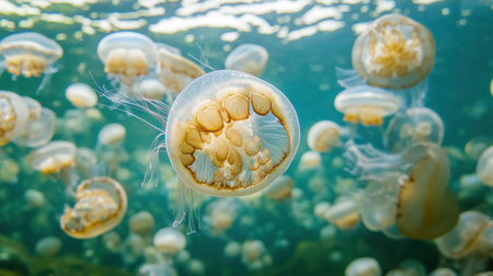 A captivating underwater image showcasing jellyfish gracefully swimming in clear ocean waters. Their transparent bodies exhibit stunning colors and delicate movements, creating a serene atmosphere.の素材