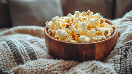 A beautifully arranged bowl of popcorn rests atop a knitted blanket, inviting you to indulge in the comfort and warmth of movie nights at home with loved ones.の素材