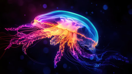 A mesmerizing jellyfish displays vibrant neon colors, gracefully drifting through deep blue waters, showcasing the beauty of marine life and bioluminescence.の素材