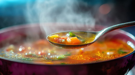 A steaming bowl of colorful vegetable soup captured in close-up, showcasing a spoonful ready to serve. This vibrant dish is perfect for comfort and healthy eating.の素材