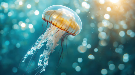 A stunning jellyfish floats effortlessly in the clear blue ocean, illuminated by soft sunlight, creating a mesmerizing underwater scene filled with vibrant colors and dreamy bokeh.の素材