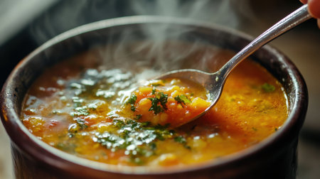 A steaming bowl of soup filled with fresh herbs and vibrant vegetables, showcasing a warm and delicious meal perfect for cozy gatherings during cold seasons.の素材