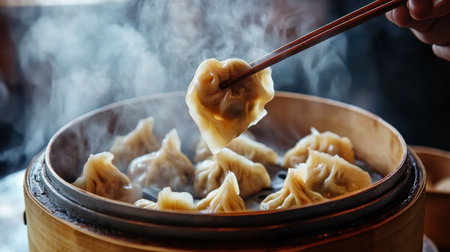 A steaming bamboo steamer filled with delicious dumplings, elegantly lifted with chopsticks, showcasing traditional Asian culinary art and inviting flavors.の素材