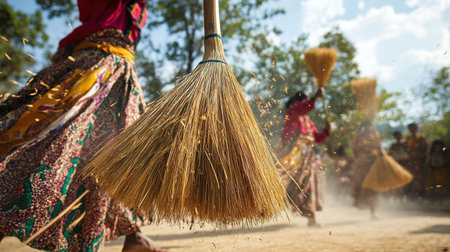 A vibrant traditional dance performance features participants in colorful costumes using brooms, celebrating cultural heritage in a lively outdoor setting full of energy and joy.の素材