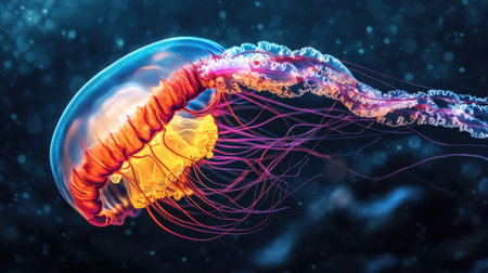 Dive into the serene beauty of a jellyfish as it gracefully swims through the ocean depths, displaying stunning colors and delicate movements in a tranquil aquatic environment.の素材