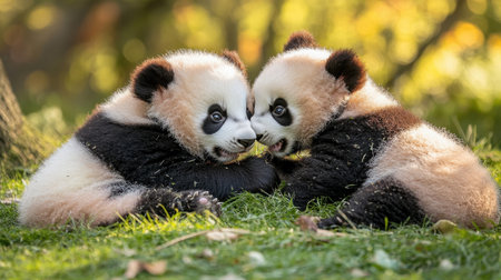 Two playful baby pandas engage in a heartwarming interaction, capturing the essence of wildlife joy and innocence in a serene natural environment. Perfect for nature lovers.の素材