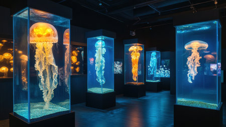 Dive into the mesmerizing world of jellyfish with vibrant exhibits illuminating a dark aquarium, showcasing ethereal bio-luminescent beauty and aquatic wonder.の素材