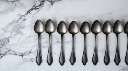 A beautiful setup featuring vintage silver spoons neatly aligned on a marble surface, creating an elegant and sophisticated atmosphere perfect for culinary presentations.の素材