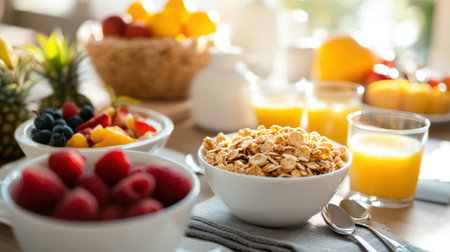 A beautifully arranged breakfast spread featuring fresh fruits, yogurt, granola, and juice, showcasing healthy eating and vibrant colors for a nutritious start to the day.の素材