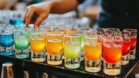 A lively display of colorful shot glasses filled with refreshing drinks and ice sets a festive mood, perfect for celebrations and social gatherings.の素材