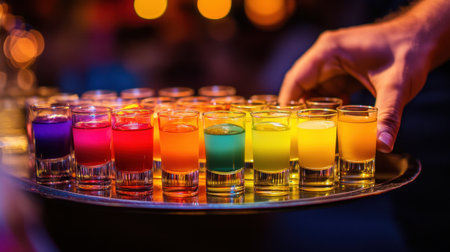 A stunning display of colorful shots ready to ignite the party atmosphere. These vibrant drinks create an inviting experience perfect for celebrations and gatherings.の素材