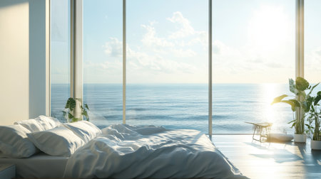 A modern bedroom featuring large windows that open to a stunning ocean view. This serene space is filled with natural light, plants, and minimal decor, perfect for relaxation.の素材