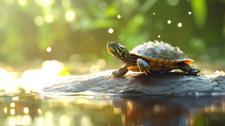 A charming turtle perched on a rock beside tranquil waters, surrounded by vibrant greenery, capturing the essence of nature's beauty and serene wildlife.の素材