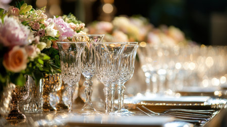 A stunning table setting featuring crystal glassware and vibrant floral arrangements, perfect for a luxurious dining experience at any special event or celebration.の素材