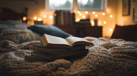 A serene bedroom scene featuring an open book on a stack of books, a knitted blanket, and soft, warm lighting, creating the perfect atmosphere for a cozy reading experience.の素材