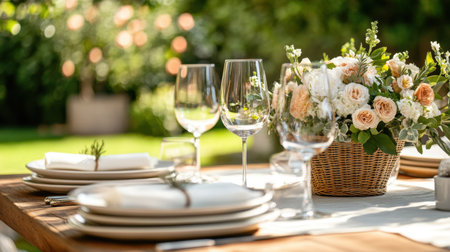 Beautiful outdoor dining setup featuring elegant glassware, fresh flowers, and a serene garden setting, ideal for intimate gatherings and joyful celebrations.の素材