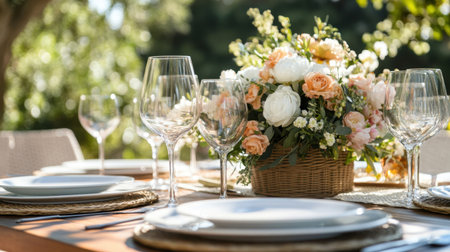 Enjoy a charming and elegant outdoor dining setting featuring a floral centerpiece, glassware, and fine plates, perfect for special occasions and gatherings in a serene atmosphere.の素材