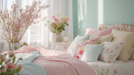 A tranquil bedroom scene featuring soft pastel colors and fresh floral arrangements creating a cozy and inviting atmosphere perfect for spring and summer decor.の素材