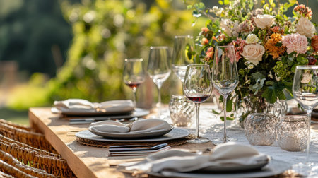 Discover an idyllic outdoor dining arrangement adorned with floral accents, fine tableware, and inviting wine glasses, perfect for a memorable gathering in nature.の素材