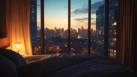 Experience a warm and cozy bedroom setting with a breathtaking city skyline view at sunset, creating an inviting atmosphere for relaxation and inspiration.の素材