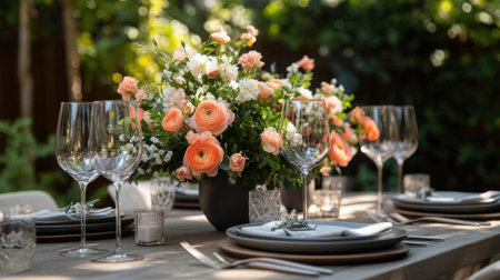 A beautifully arranged outdoor dining table featuring elegant floral centerpieces, crystal glassware, and rustic decor, perfect for gatherings in a vibrant garden setting.の素材