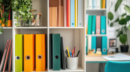 A vibrant office space showcasing a collection of colorful file folders and stationery, complemented by lush plants, creating an inspiring and organized environment for creativity and productivity.の素材