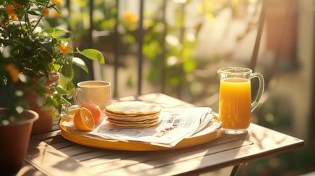 Enjoy a bright morning scene featuring pancakes, fresh orange juice, and coffee on a sunlit table, offering a cozy atmosphere with vibrant indoor plants and warmth.の素材