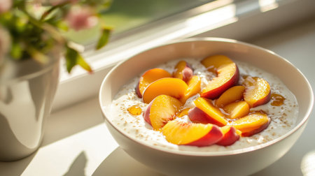 A vibrant breakfast bowl featuring fresh slices of peach atop creamy yogurt, drizzled with honey, set in a sunlit kitchen near a window, perfect for morning nourishment.の素材