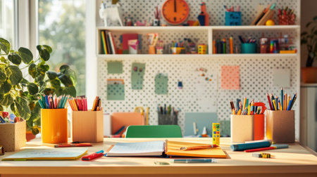 A vibrant workspace filled with colorful stationery supplies and art materials, perfect for inspiring creativity and productivity in a cozy environment.の素材