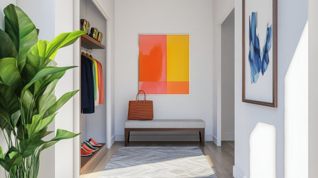 A beautifully designed entryway featuring modern decor, vibrant wall art, a cozy bench, and a neatly organized closet that enhances the welcoming feel of the space.の素材