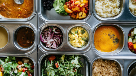A captivating arrangement of healthy food presented in stainless steel containers showcasing a colorful mix of salads, grains, and various fresh ingredients, perfect for meal planning.の素材