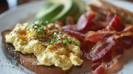 A tempting breakfast plate showcasing fluffy scrambled eggs on toasted bread, crispy bacon, and fresh avocado slices, perfect for a delightful morning or brunch experience.の素材