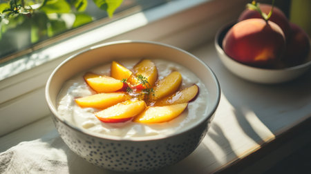 A delightful smoothie yogurt bowl featuring ripe peach slices and a fresh herb sprig, illuminated by natural light, perfect for a wholesome breakfast or snack.の素材