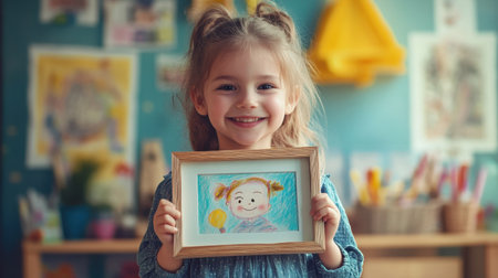 A joyful girl stands in a colorful classroom holding her framed drawing, symbolizing creativity, happiness, and the innocence of childhood in a vibrant setting.の素材