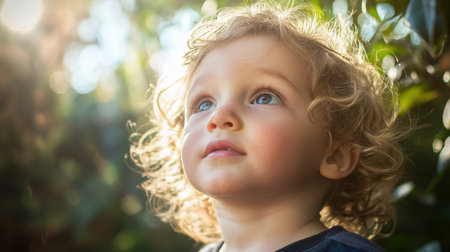 A portrait of a young child with curly hair, gazing upward with a look of wonder in a vibrant natural setting, illuminated by soft sunlight, capturing the essence of childhood innocence.の素材