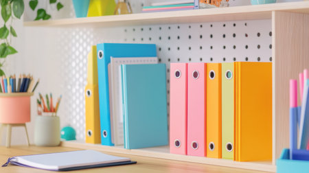 A beautifully arranged office shelf featuring colorful binders and vibrant stationery that inspires creativity and productivity in any workspace or study environment.の素材