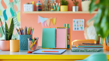 A vibrant study area featuring colorful stationery, artistic decor, and green plants, perfect for inspiring creativity and productivity in a home office or educational setting.の素材