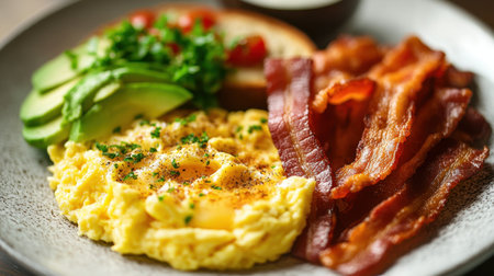 A vibrant breakfast plate featuring fluffy scrambled eggs, crispy bacon, sliced avocado, fresh tomatoes, and toasted bread garnished with herbs, perfect for a nourishing morning meal.の素材
