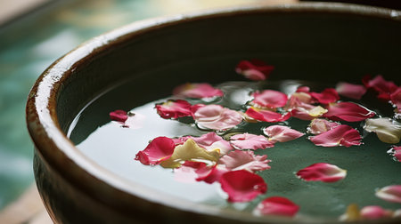 A serene composition featuring delicate rose petals floating on tranquil water, perfect for conveying relaxation, wellness, and natural beauty in various wellness settings.の素材