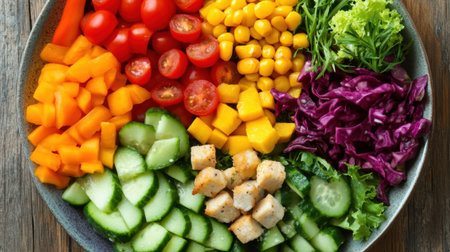 A vibrant salad featuring fresh vegetables and fruits, perfect for showcasing healthy eating. The colorful mix includes cucumbers, tomatoes, peppers, mango, and greens on a rustic wooden background.の素材