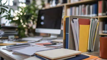 A modern workspace arrangement featuring an organized desk with office supplies, a computer, and bookshelves, perfect for inspiration and productivity in a creative or business environment.の素材