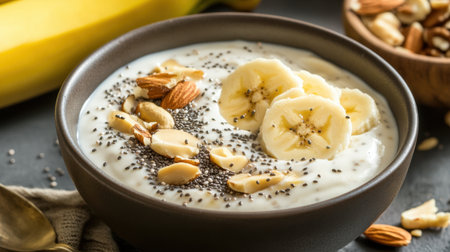A delightful yogurt bowl with fresh banana slices, crunchy nuts, and chia seeds, perfect for a nourishing breakfast or snack on a rustic table. Enjoy the creamy texture and vibrant flavors!の素材
