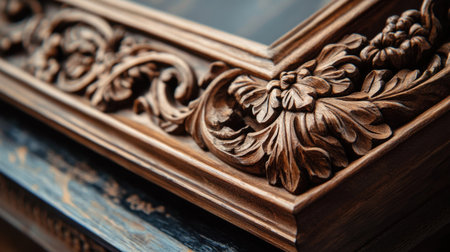 This close-up image showcases an ornate wooden carving of a picture frame, featuring intricate floral designs and rich textures, ideal for enhancing any home decor.の素材