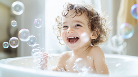 A cheerful child with curly hair experiences pure joy in a bubble bath, surrounded by sparkling bubbles and soft light, capturing the essence of playful childhood moments.の素材