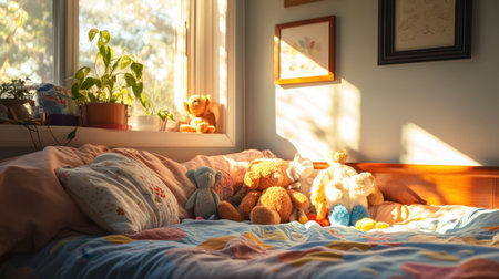 A warm and inviting bedroom scene showcasing plush stuffed animals arranged on a colorful blanket, bathed in natural light, creating a serene atmosphere perfect for cozy moments.の素材