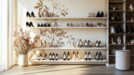 This image features a stylish shoe display in a contemporary boutique, highlighting the allure of various women's footwear against a chic floral wall design.の素材