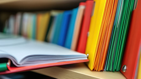 An appealing arrangement of colorful folders and notebooks on a wooden shelf highlights the importance of organization and creativity for any productive workspace.の素材